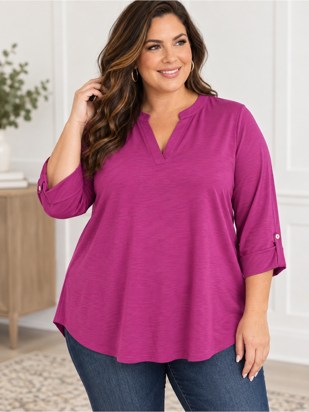 Plus V-Notch Tunic Top in Fuchsia